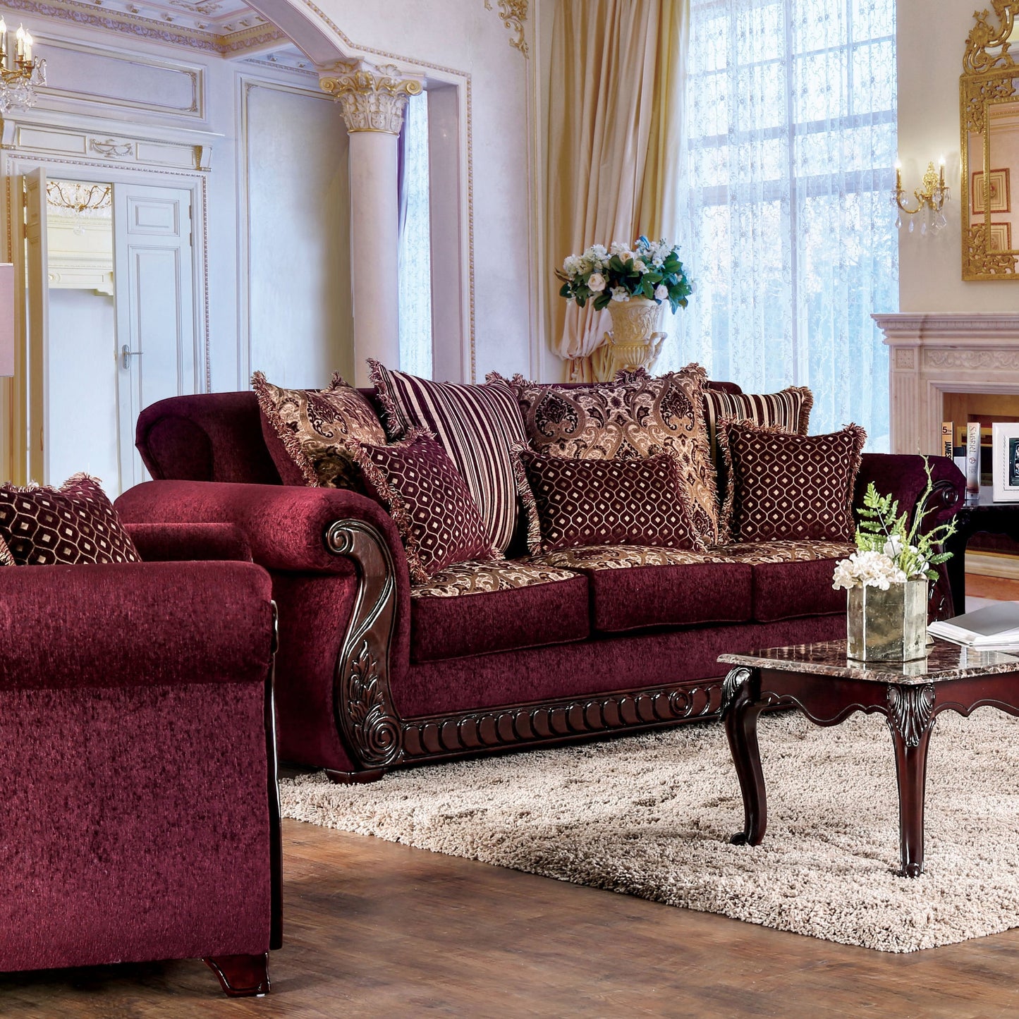 Canapé traditionnel Fova en tissu rembourré avec accoudoirs roulés par Furniture of America