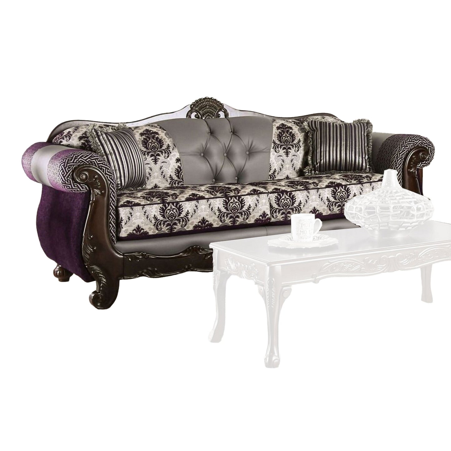 Canapé Nicola, violet, chenille grise, similicuir, 2 coussins 93 pouces