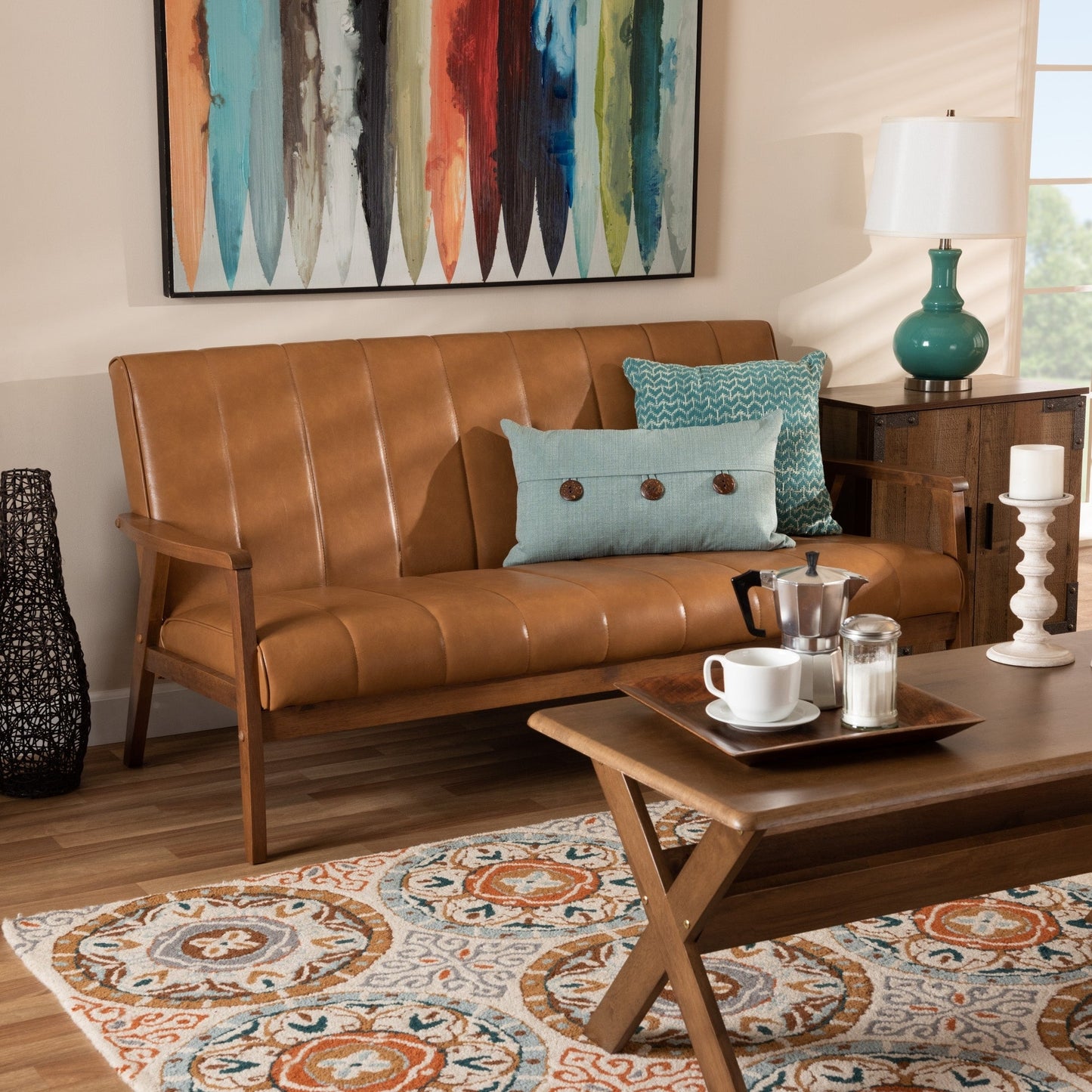 Canapé Nikko en similicuir tan et bois finition noyer