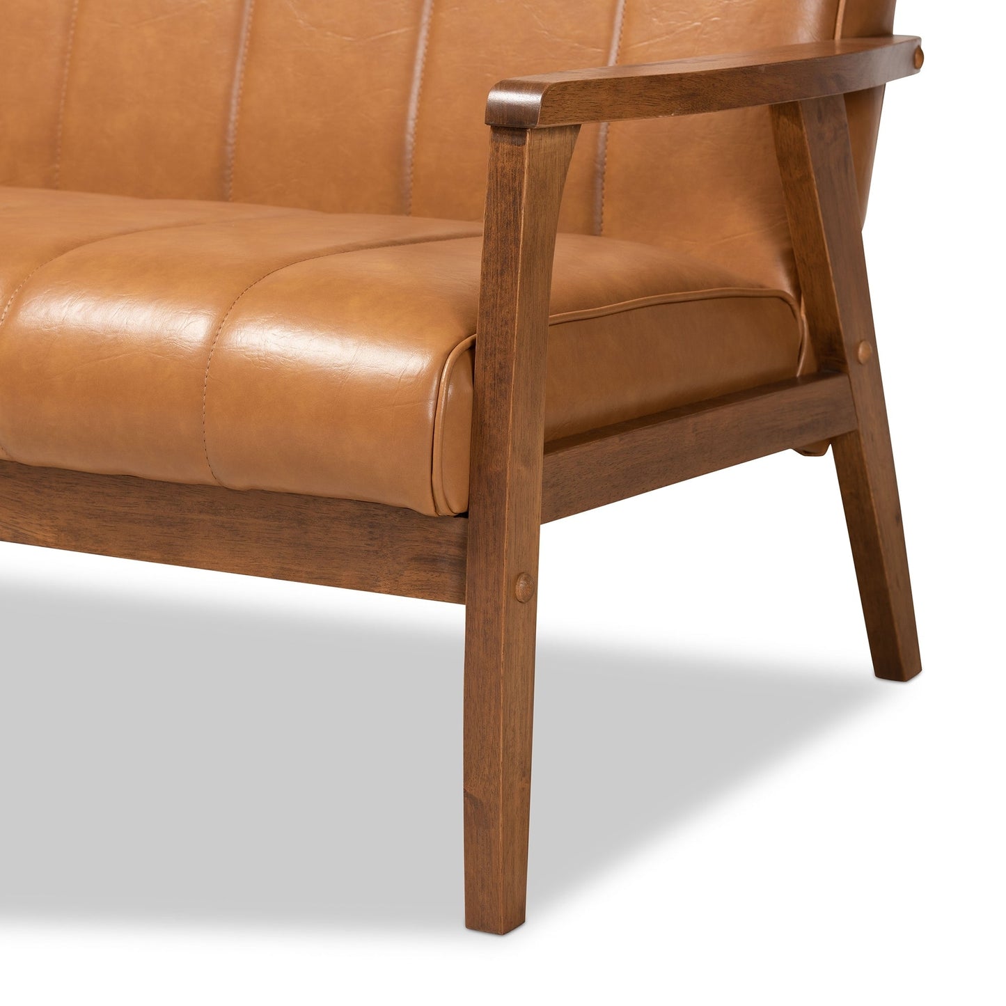 Canapé Nikko en similicuir tan et bois finition noyer