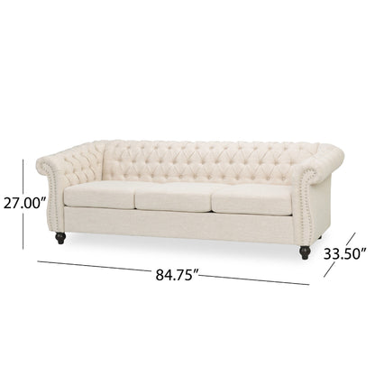 Canapé 3 places Nisy, dossier capitonné en tissu beige Chesterfield, 85 pouces