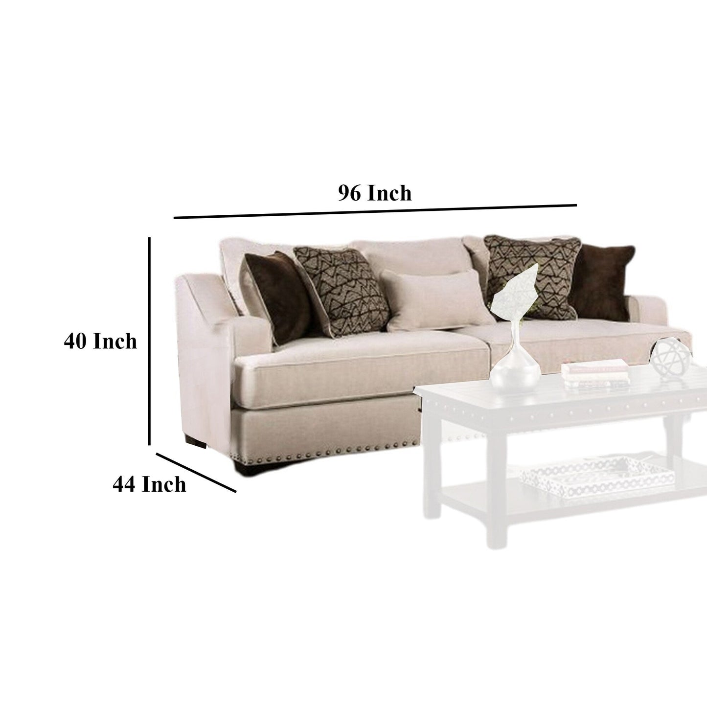 Canapé Nora, 4 coussins décoratifs, 1 coussin lombaire, garniture cloutée, 96 pouces, beige