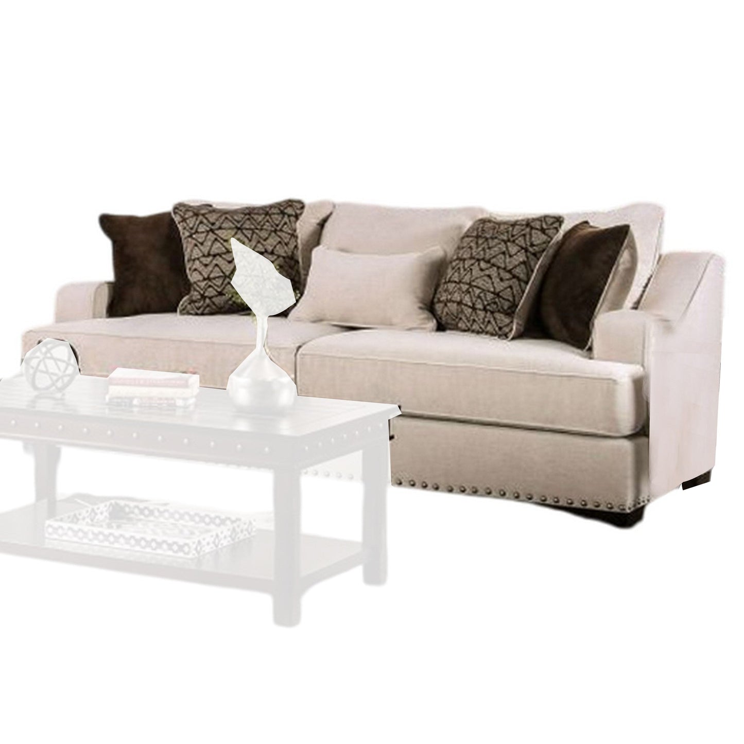 Canapé Nora, 4 coussins décoratifs, 1 coussin lombaire, garniture cloutée, 96 pouces, beige
