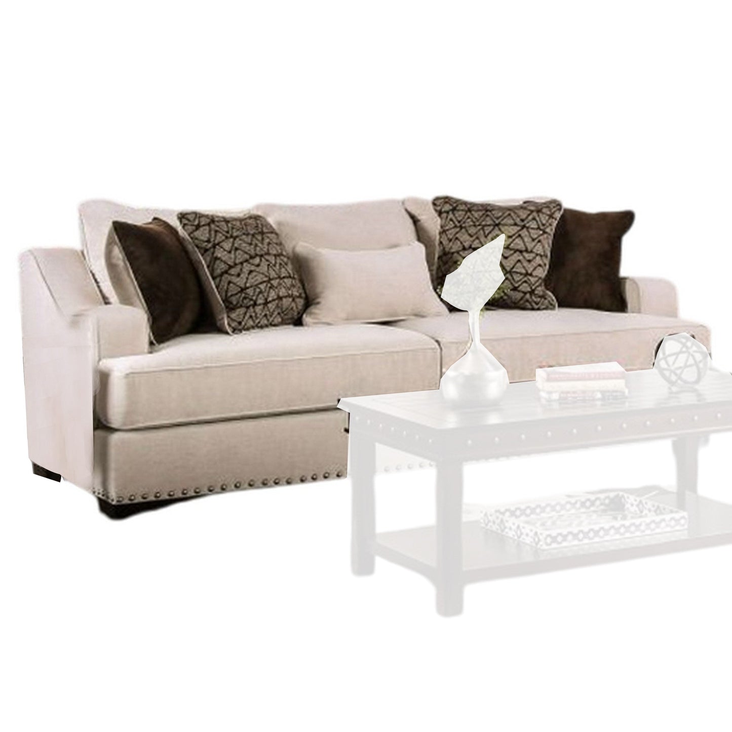 Canapé Nora, 4 coussins décoratifs, 1 coussin lombaire, garniture cloutée, 96 pouces, beige