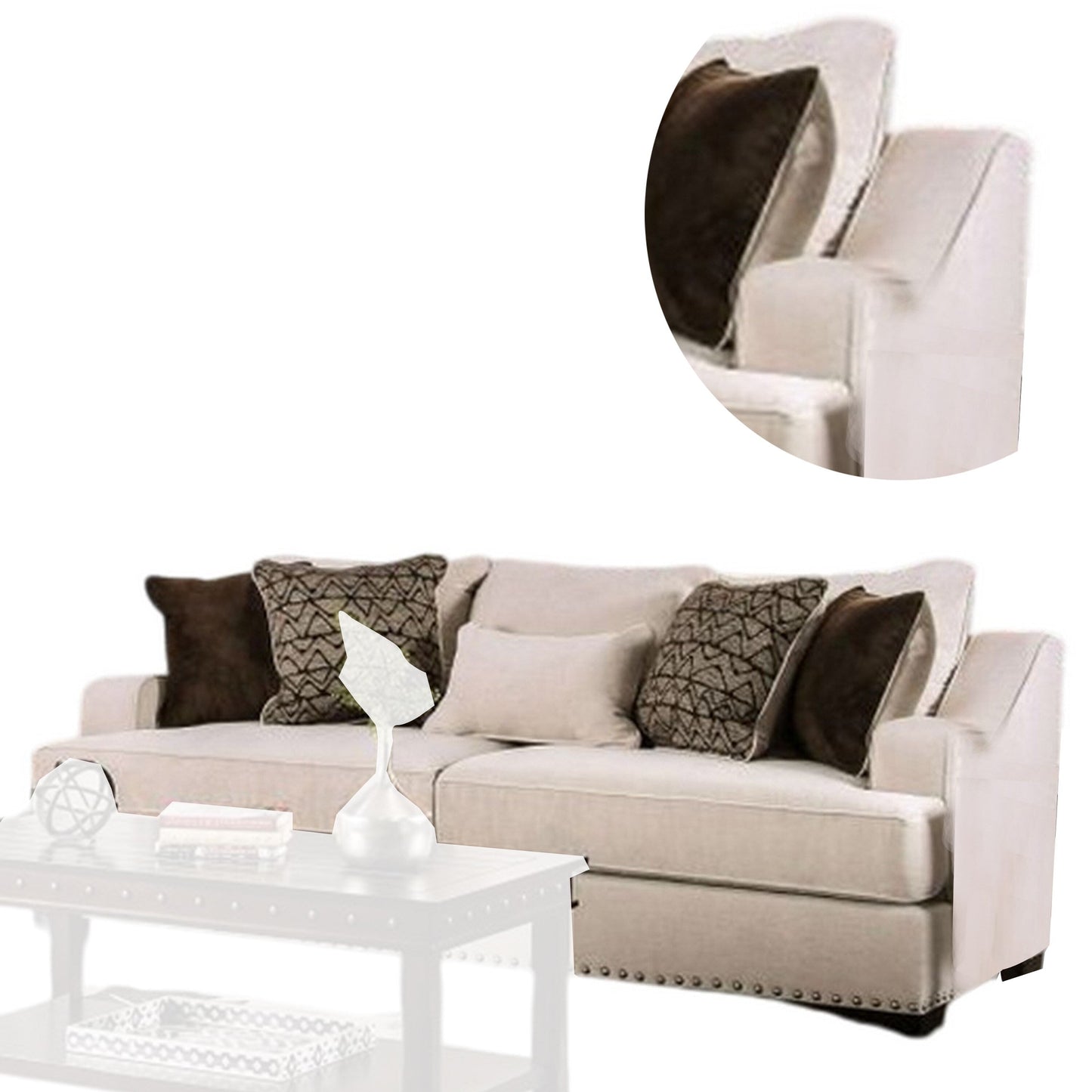 Canapé Nora, 4 coussins décoratifs, 1 coussin lombaire, garniture cloutée, 96 pouces, beige