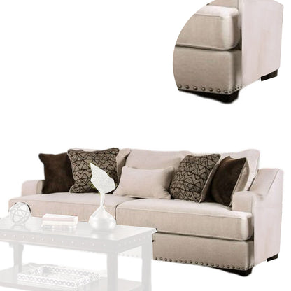 Canapé Nora, 4 coussins décoratifs, 1 coussin lombaire, garniture cloutée, 96 pouces, beige