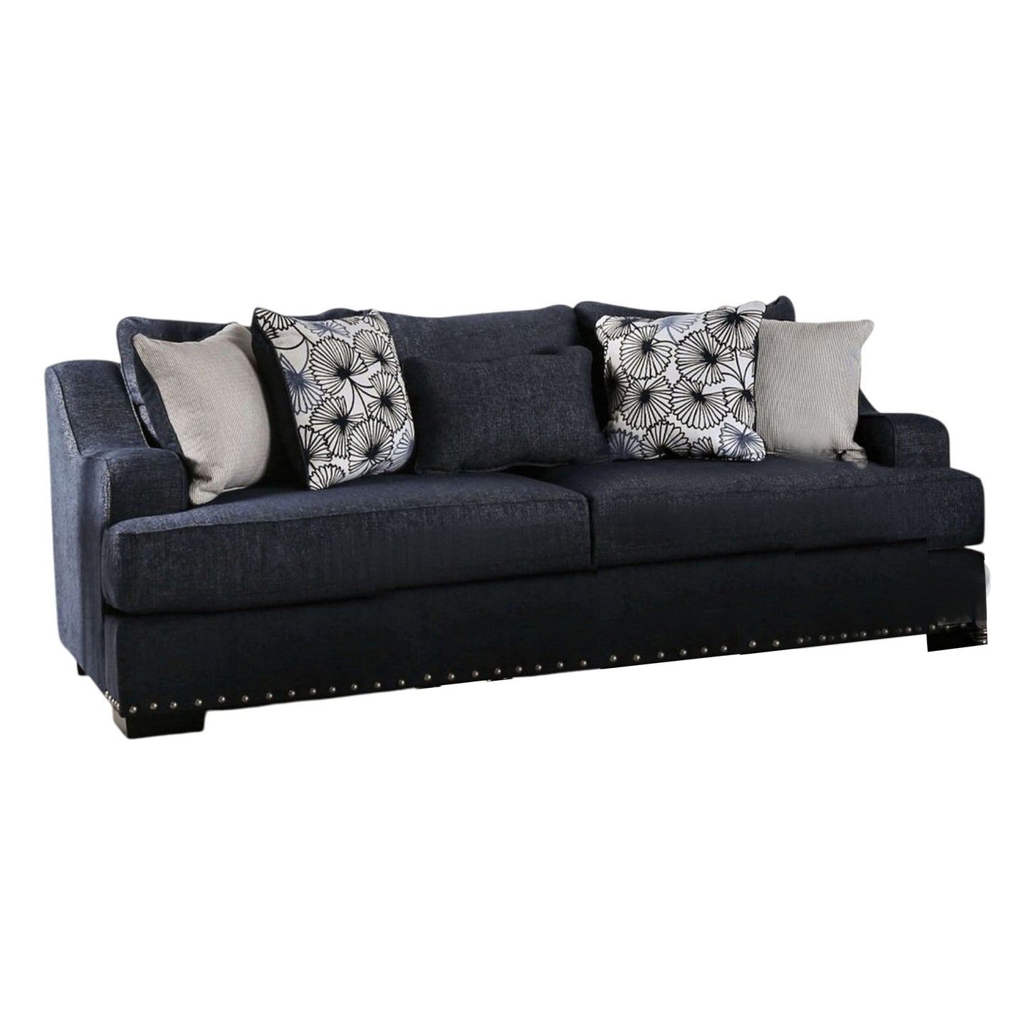 Canapé Nora, bleu marine foncé, 5 coussins décoratifs, bois massif, 96 pouces