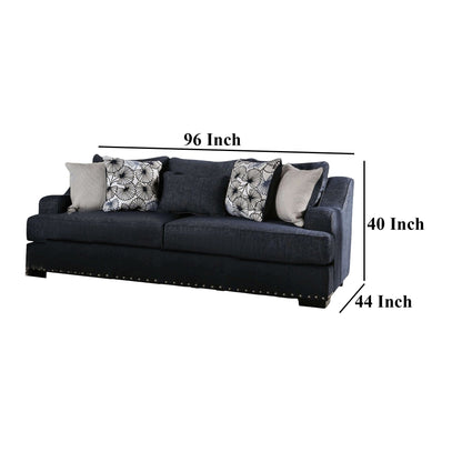 Canapé Nora, bleu marine foncé, 5 coussins décoratifs, bois massif, 96 pouces