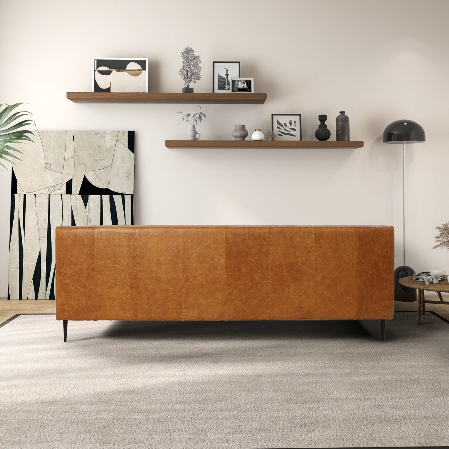 Canapé Norman Mid-Century Modern en cuir véritable, confortable et touffeté à la main