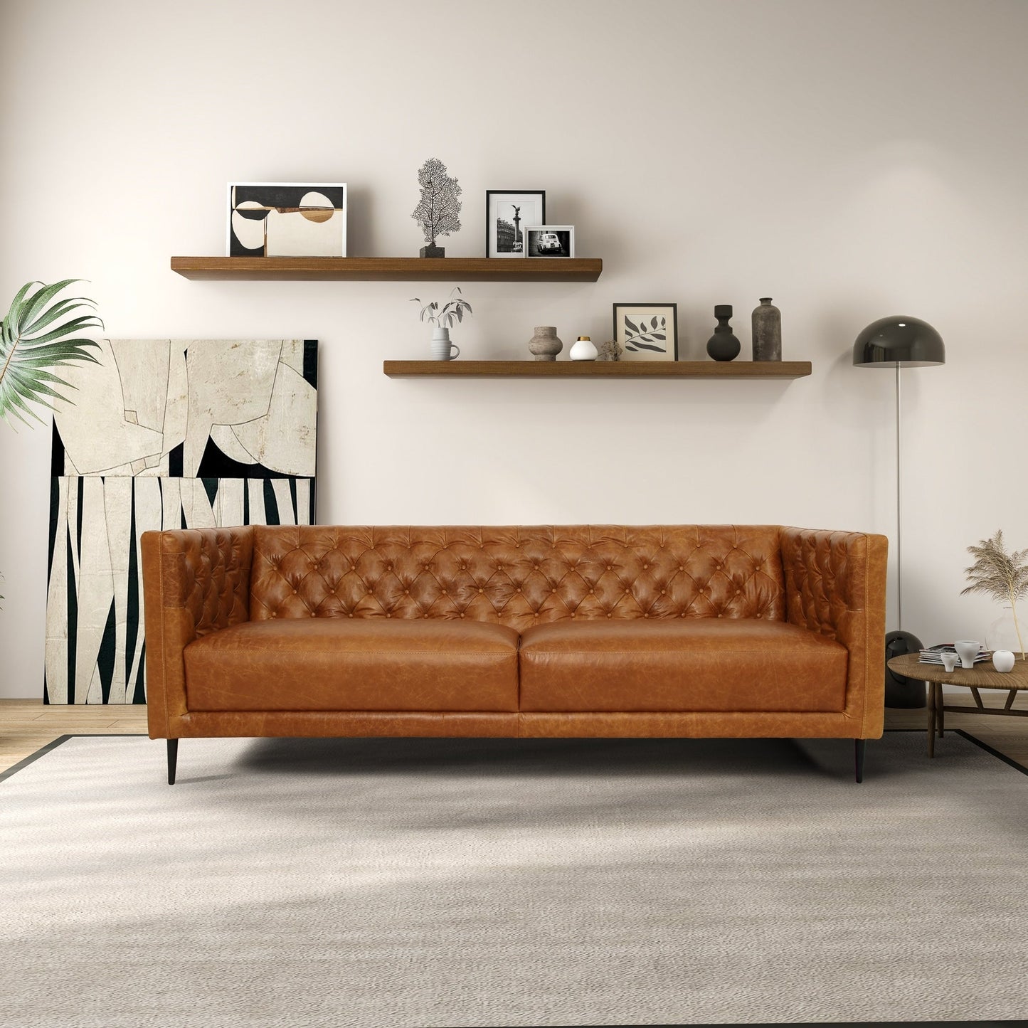 Canapé Norman Mid-Century Modern en cuir véritable, confortable et touffeté à la main