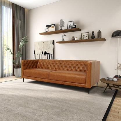 Canapé Norman Mid-Century Modern en cuir véritable, confortable et touffeté à la main