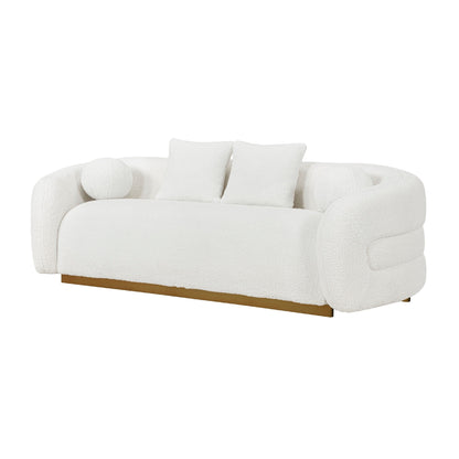 Canapé Novy, 4 coussins décoratifs, sherpa blanc, doré, 236 cm