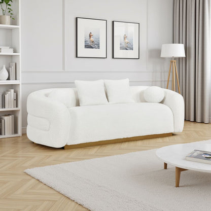 Canapé Novy, 4 coussins décoratifs, sherpa blanc, doré, 236 cm