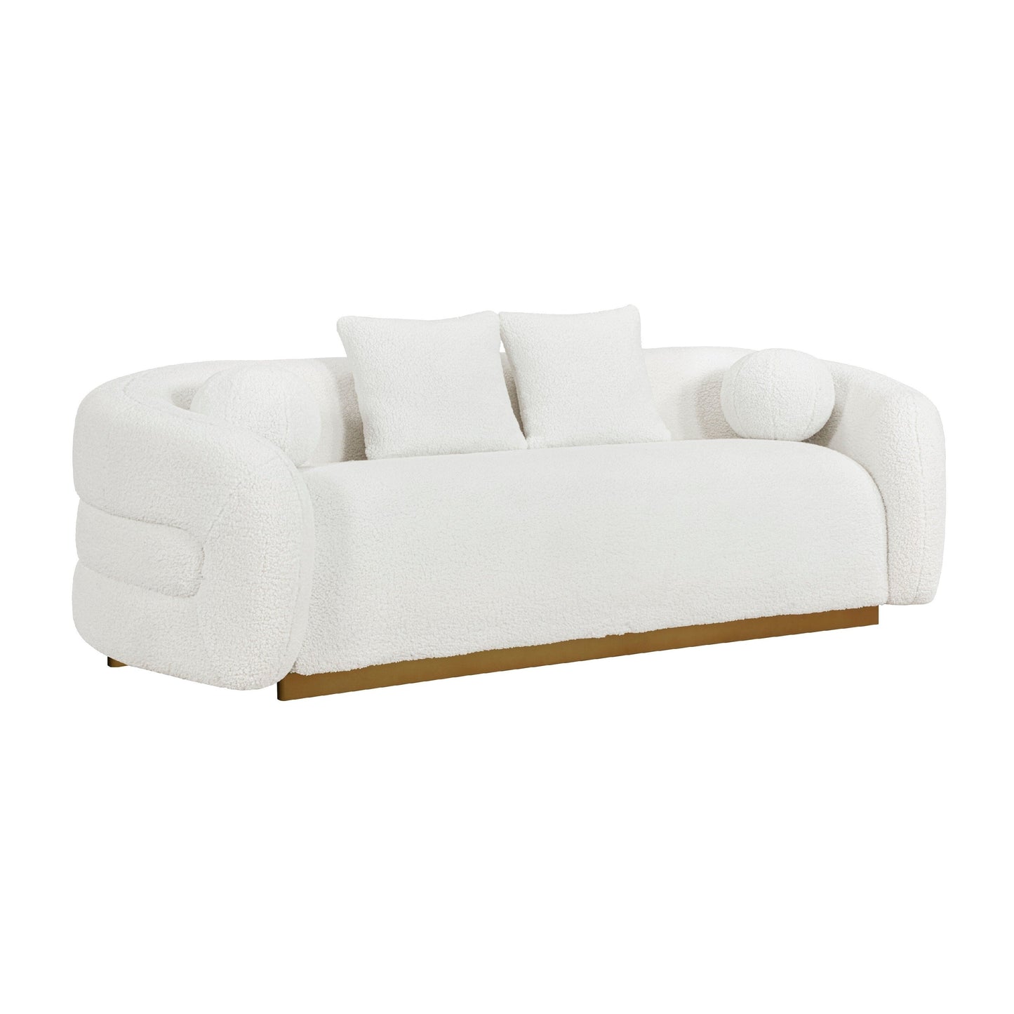 Canapé Novy, 4 coussins décoratifs, sherpa blanc, doré, 236 cm