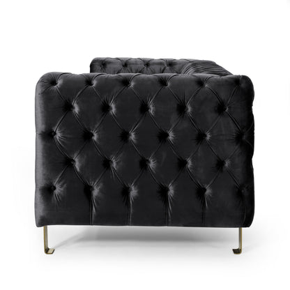 Canapé Nua, Chesterfield capitonné en velours noir, 84 pouces, pieds dorés modernes