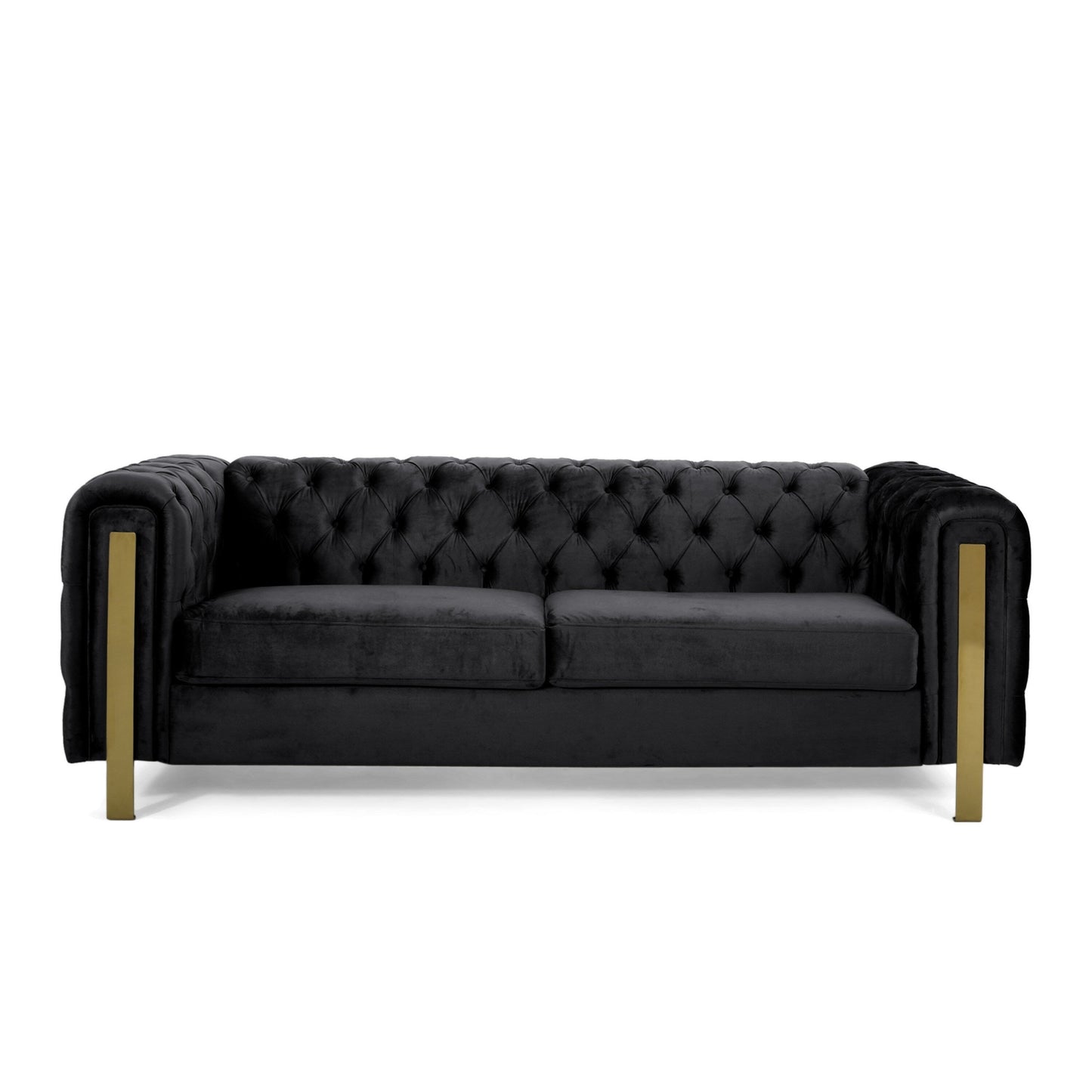 Canapé Nua, Chesterfield capitonné en velours noir, 84 pouces, pieds dorés modernes