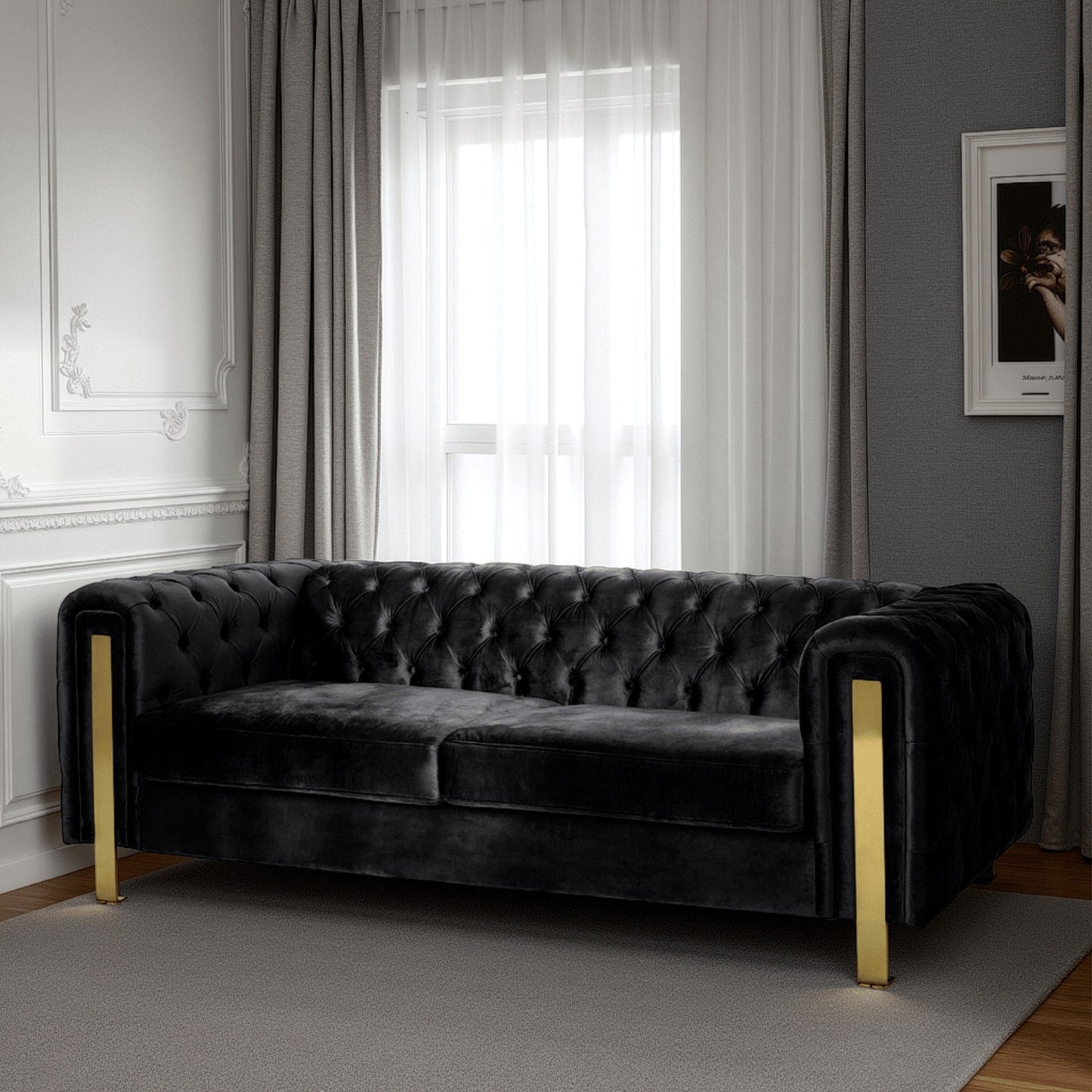 Canapé Nua, Chesterfield capitonné en velours noir, 84 pouces, pieds dorés modernes