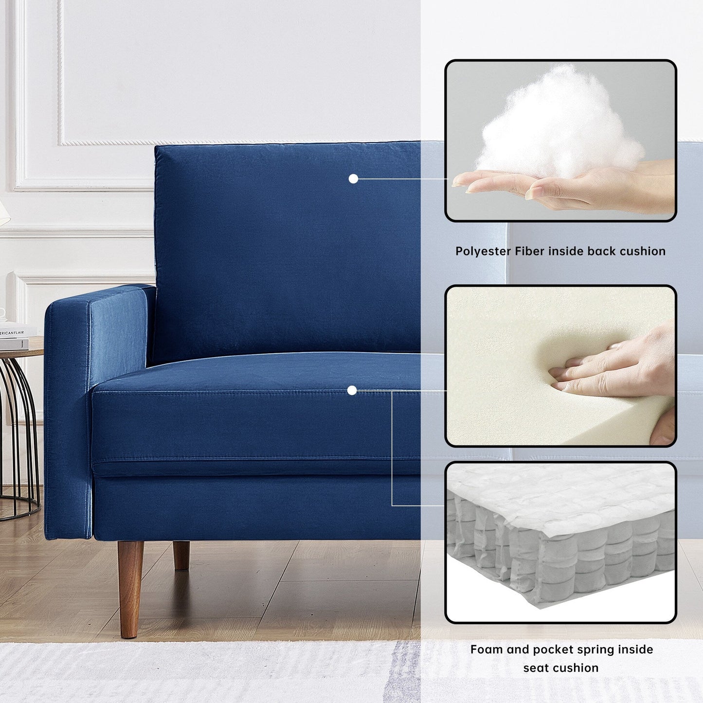 Canapé rembourré de 69 pouces de large avec accoudoirs carrés, mobilier de maison et de bureau OS