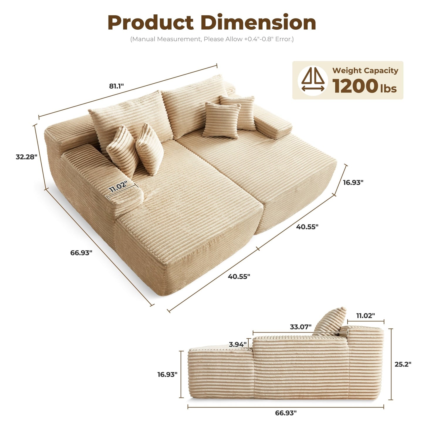 Canapé méridienne double OVIOS Long Plush sans assemblage requis