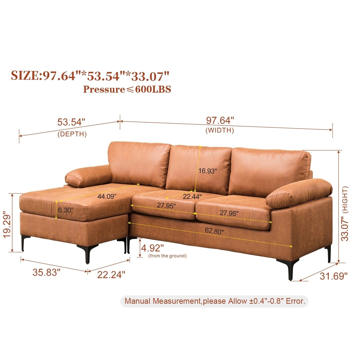 Canapé méridienne réversible OVIOS avec coussins moelleux et pieds en métal