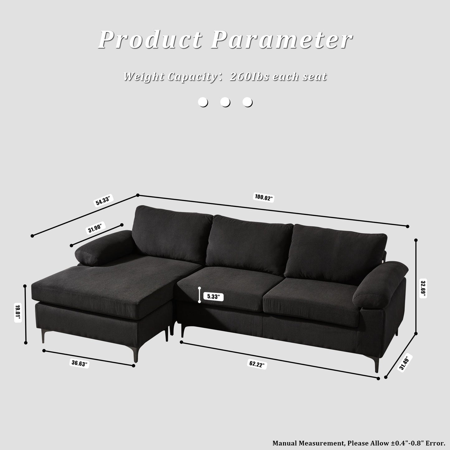 Canapé méridienne réversible OVIOS avec coussins moelleux et pieds en métal