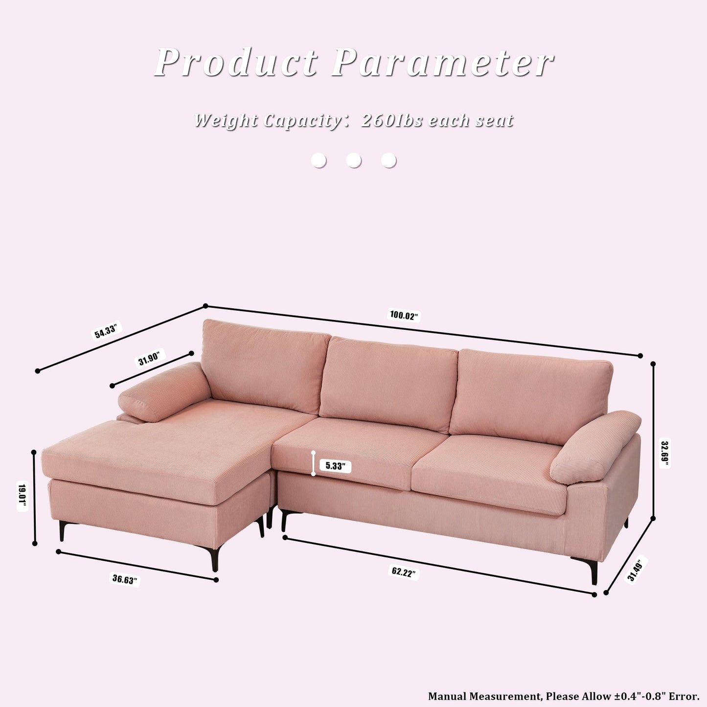 Canapé méridienne réversible OVIOS avec coussins moelleux et pieds en métal