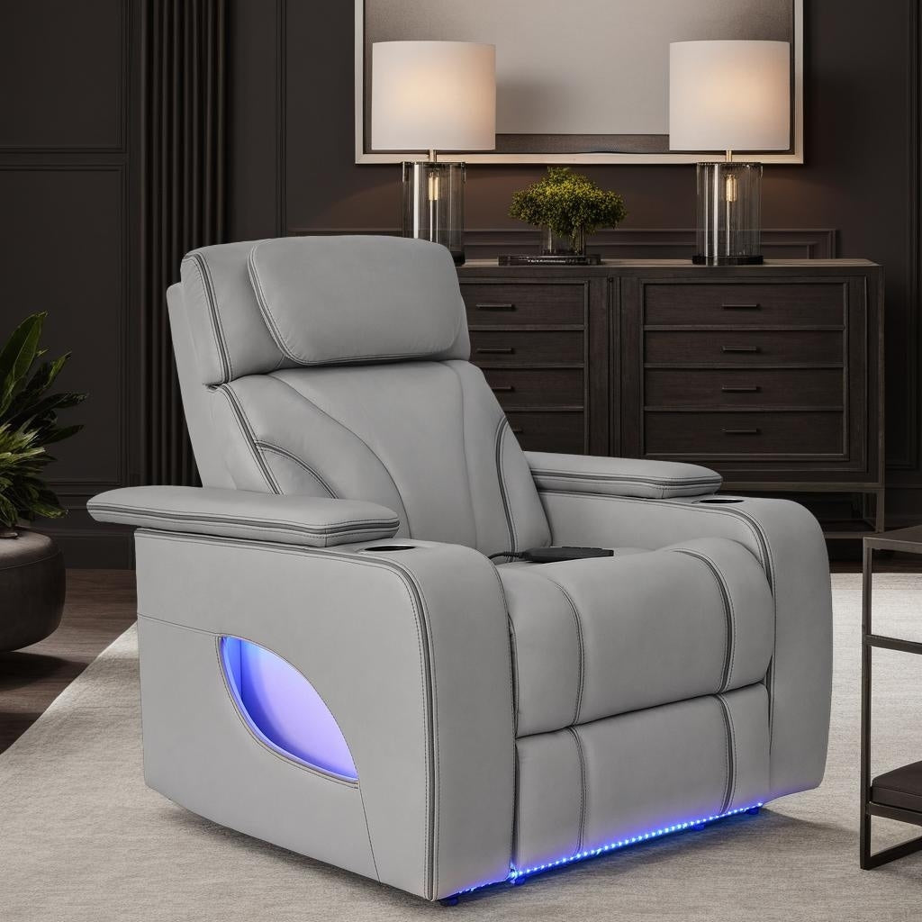 Fauteuil inclinable électrique zéro gravité Octavia en cuir argenté et gris avec chauffage et massage