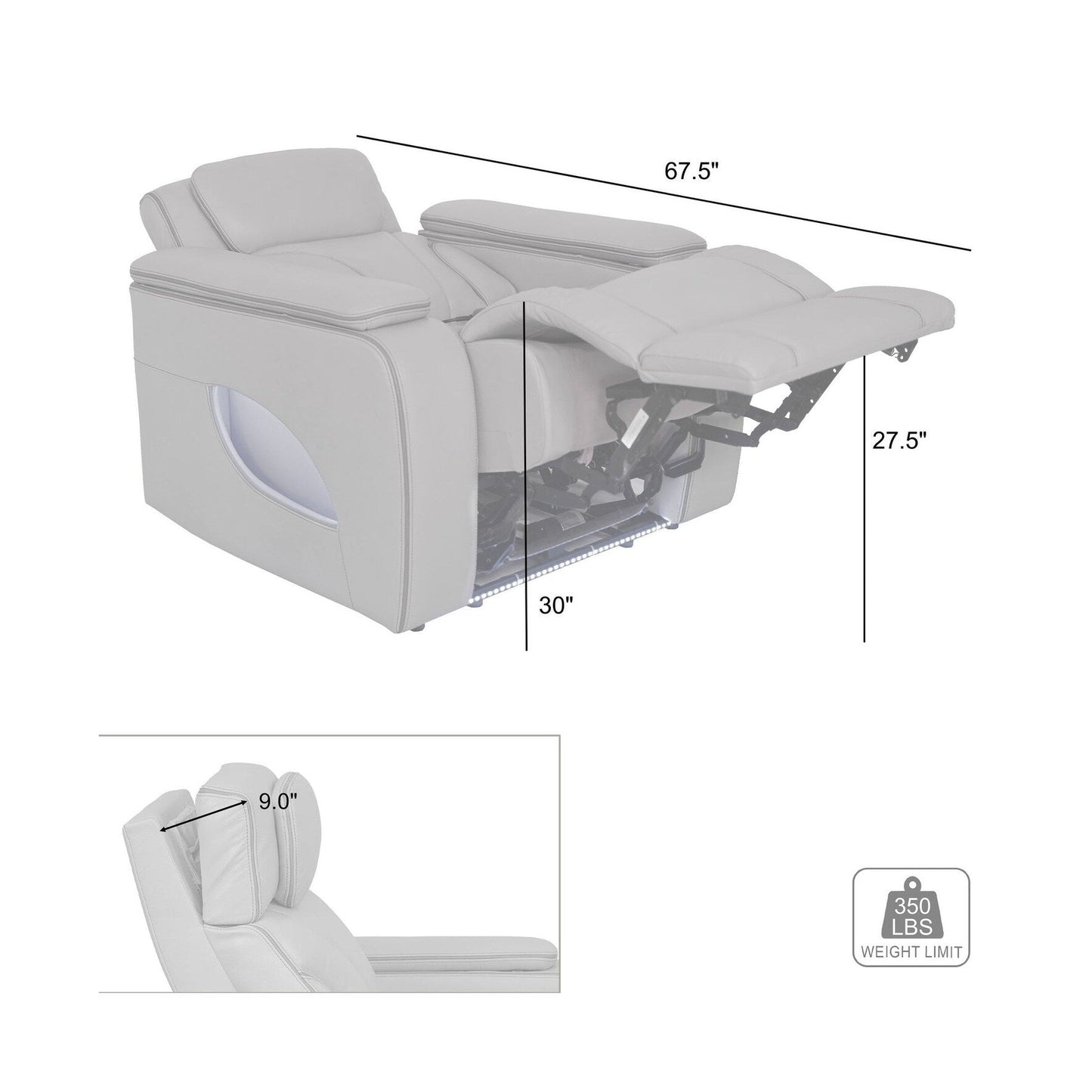 Fauteuil inclinable électrique zéro gravité Octavia en cuir argenté et gris avec chauffage et massage
