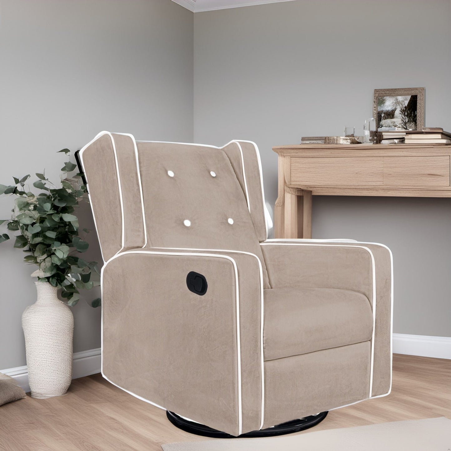 Fauteuil inclinable pivotant Octavia en bois massif et microfibre, pour salon et chambre à coucher