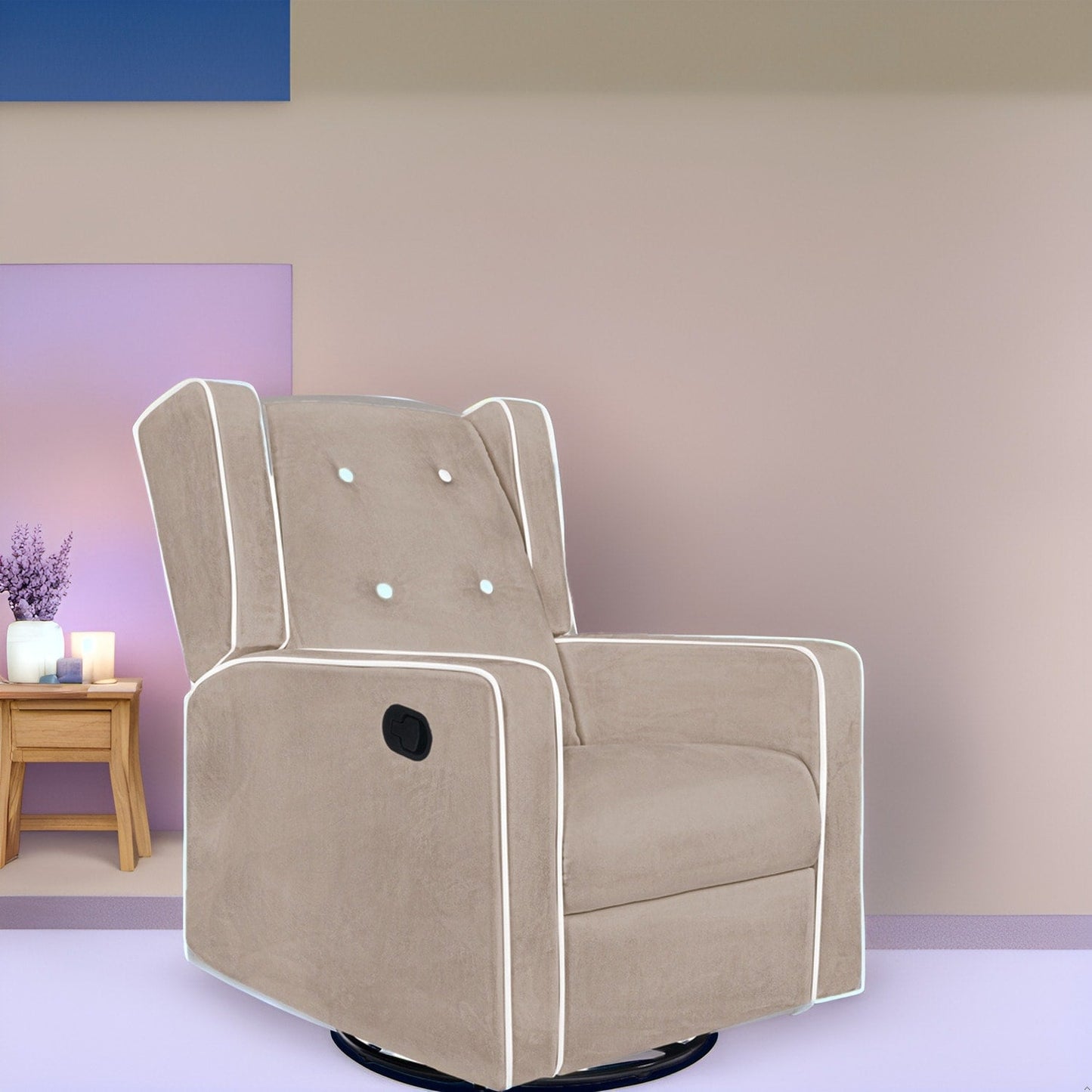 Fauteuil inclinable pivotant Octavia en bois massif et microfibre, pour salon et chambre à coucher