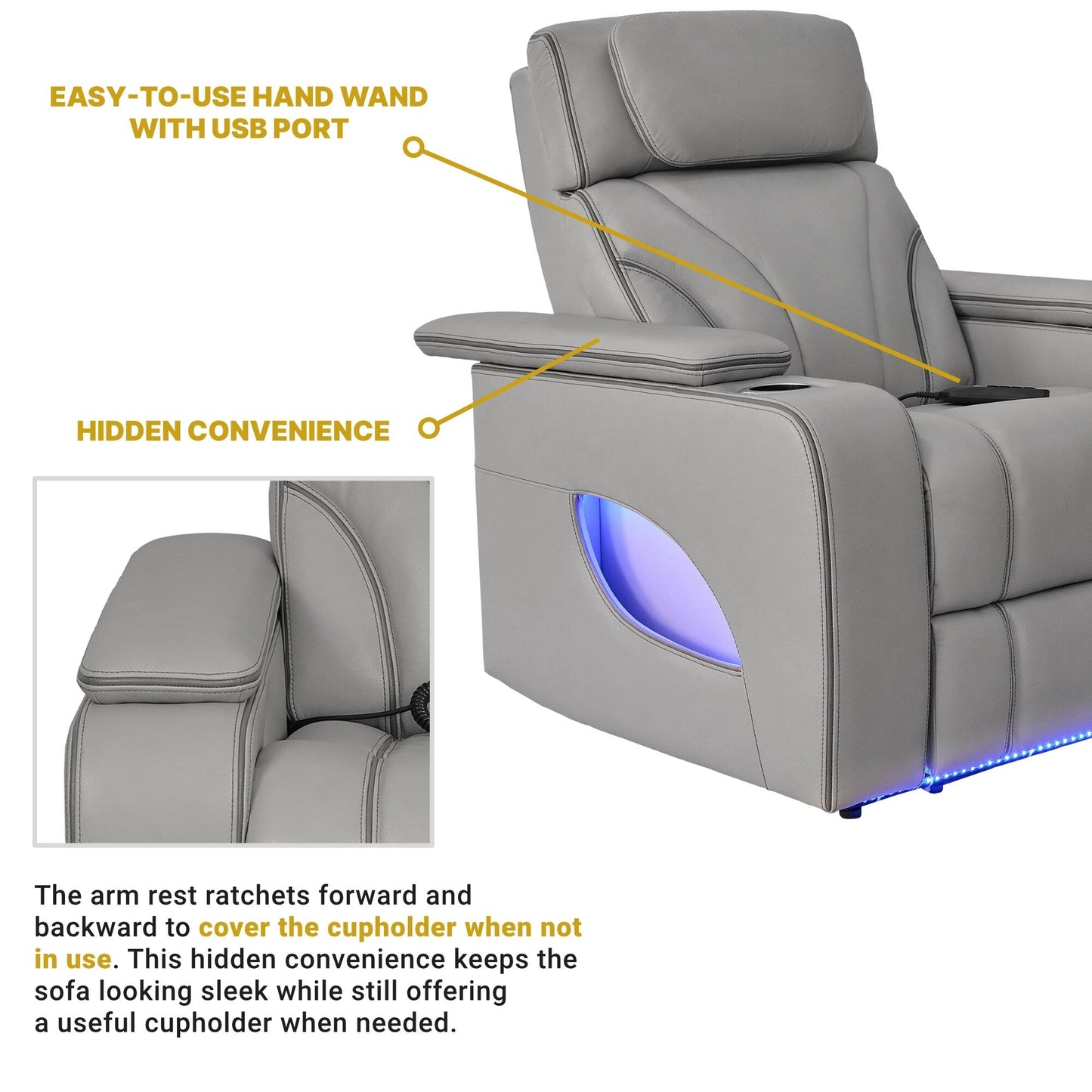 Fauteuil inclinable électrique zéro gravité Octavia en cuir argenté et gris avec chauffage et massage