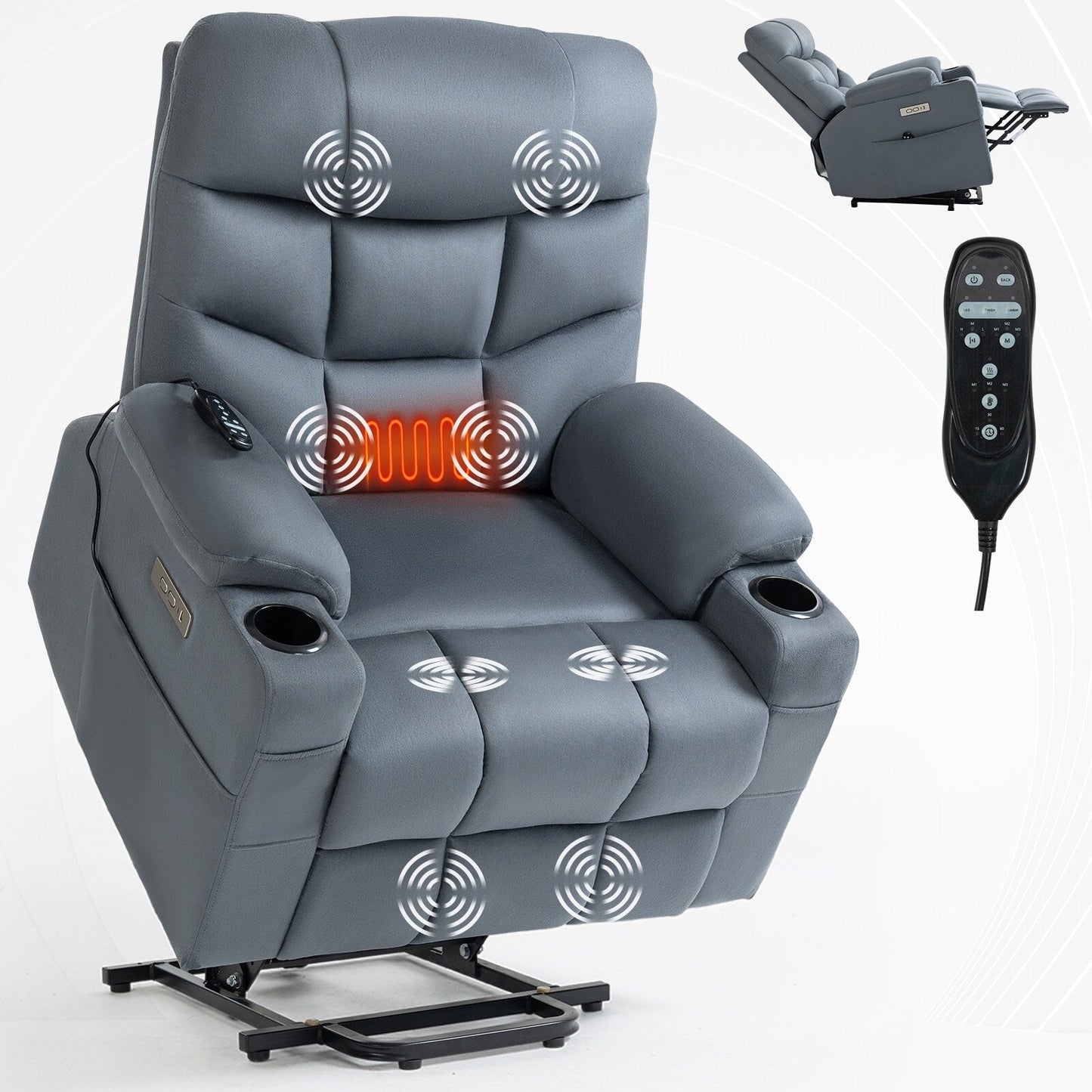 Fauteuil inclinable motorisé Okin avec massage 8 points, chauffage lombaire, deux ports USB et Type-C et porte-gobelets