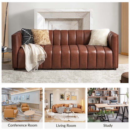 Canapé incurvé moderne Olinto en cuir véritable de 83 pouces avec dossier à canaux par HULALA HOME