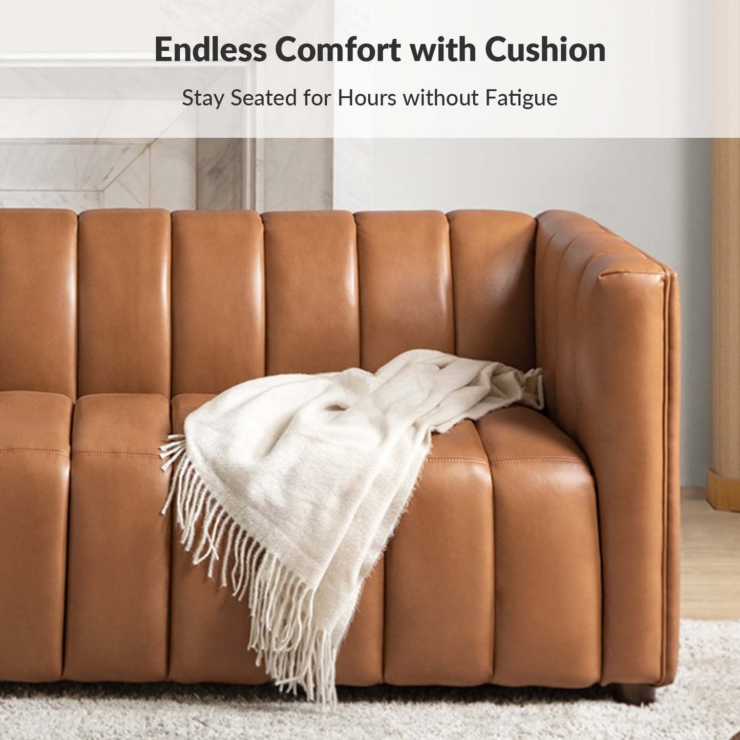 Canapé incurvé moderne Olinto en cuir véritable de 83 pouces avec dossier à canaux par HULALA HOME