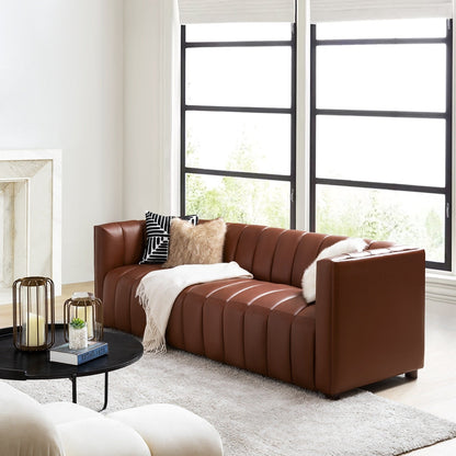 Canapé incurvé moderne Olinto en cuir véritable de 83 pouces avec dossier à canaux par HULALA HOME