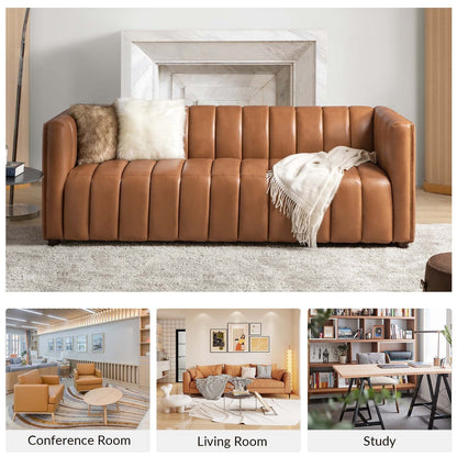 Canapé incurvé moderne Olinto en cuir véritable de 83 pouces avec dossier à canaux par HULALA HOME