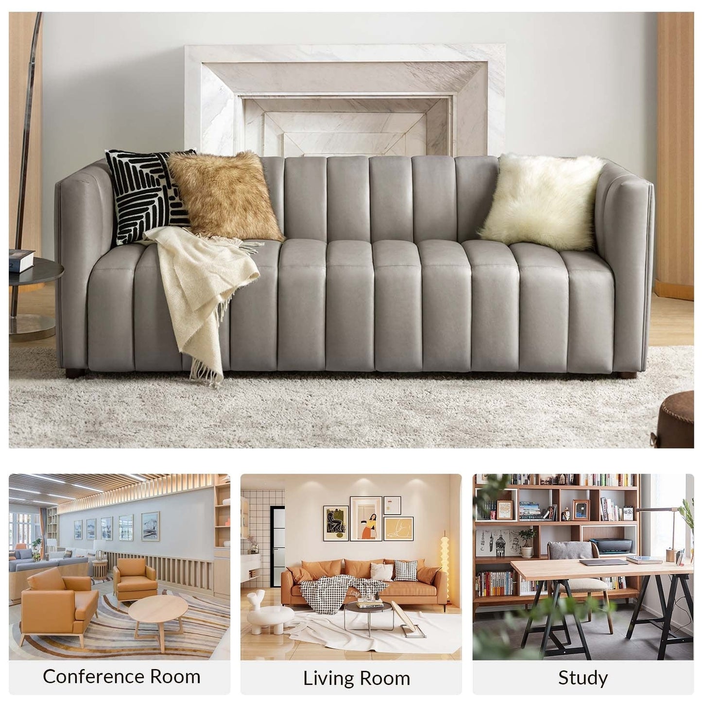 Canapé incurvé moderne Olinto en cuir véritable de 83 pouces avec dossier à canaux par HULALA HOME