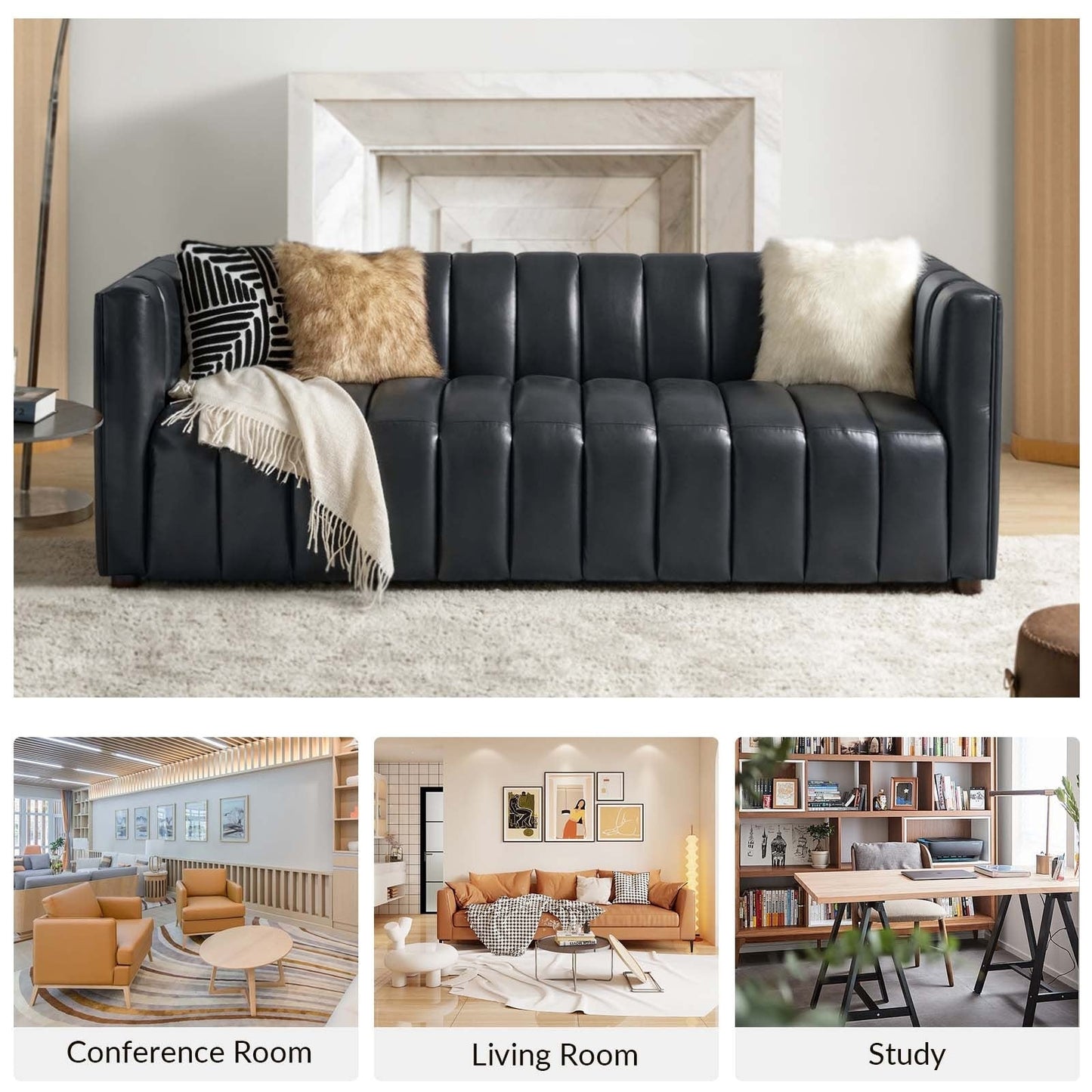 Canapé incurvé moderne Olinto en cuir véritable de 83 pouces avec dossier à canaux par HULALA HOME