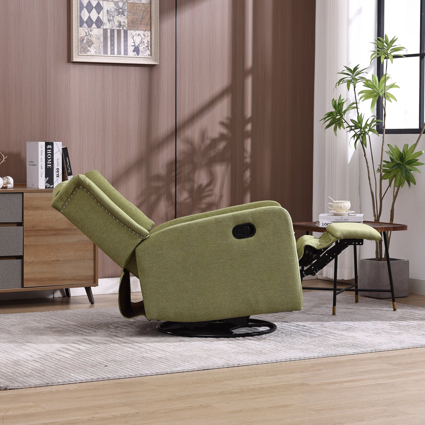 Fauteuil inclinable manuel pivotant à 360° en lin vert olive avec dossier capitonné et repose-pieds pour salon et chambre
