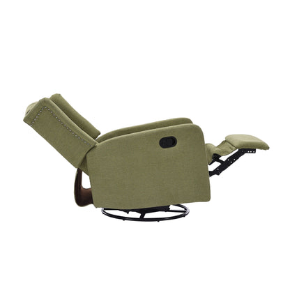 Fauteuil inclinable manuel pivotant à 360° en lin vert olive avec dossier capitonné et repose-pieds pour salon et chambre