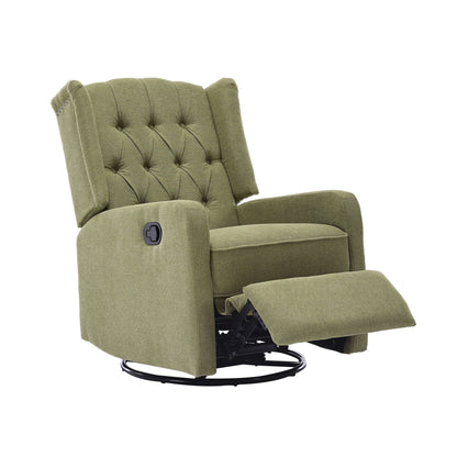Fauteuil inclinable manuel pivotant à 360° en lin vert olive avec dossier capitonné et repose-pieds pour salon et chambre