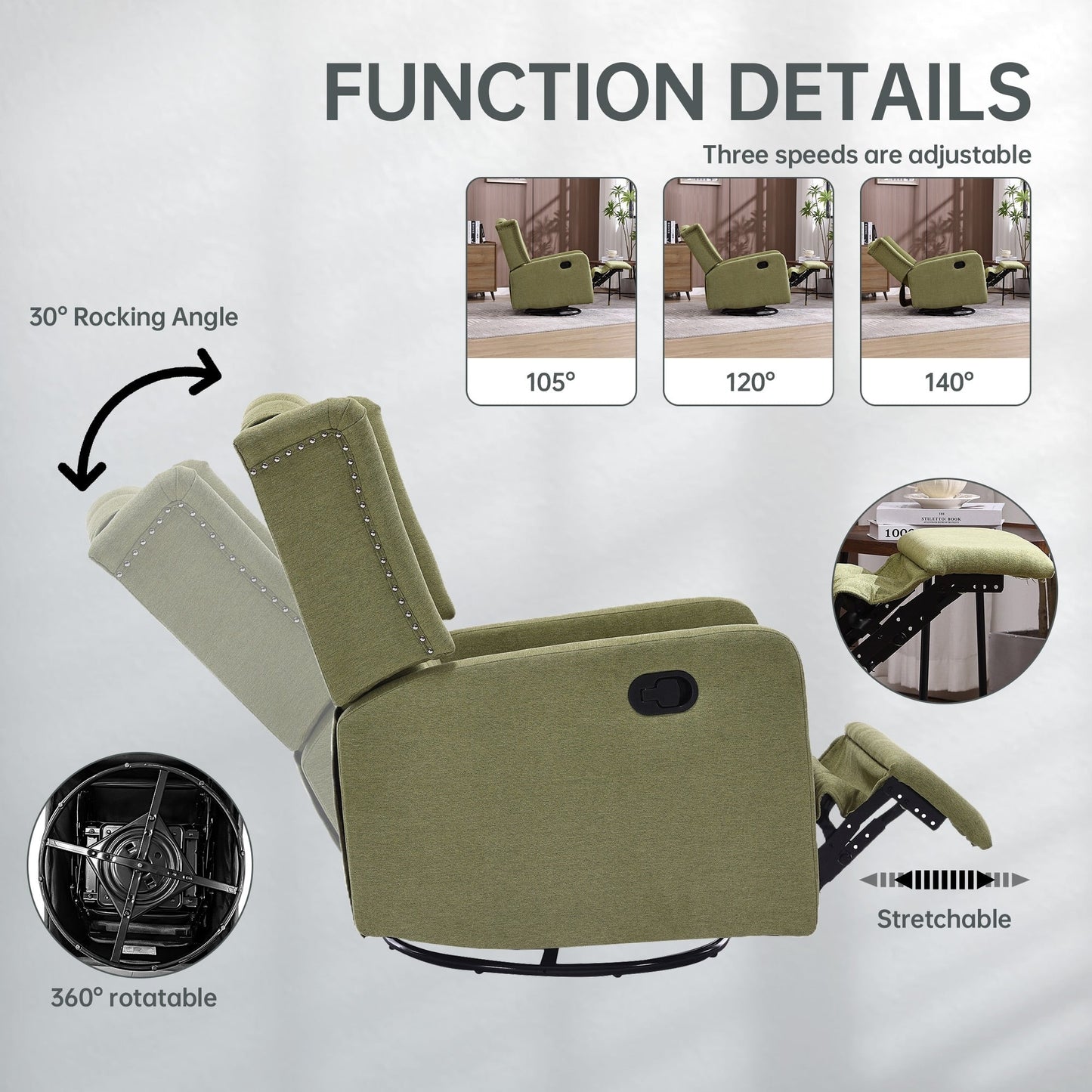 Fauteuil inclinable manuel pivotant à 360° en lin vert olive avec dossier capitonné et repose-pieds pour salon et chambre