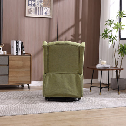 Fauteuil inclinable manuel pivotant à 360° en lin vert olive avec dossier capitonné et repose-pieds pour salon et chambre