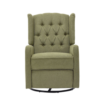Fauteuil inclinable manuel pivotant à 360° en lin vert olive avec dossier capitonné et repose-pieds pour salon et chambre