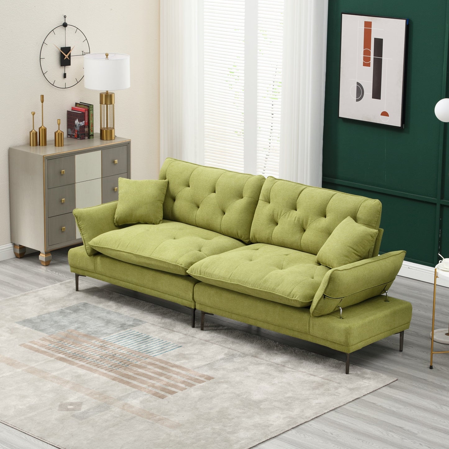 Canapé causeuse en lin Olive Modern 102.36 avec accoudoirs réglables et coussins capitonnés pour le salon