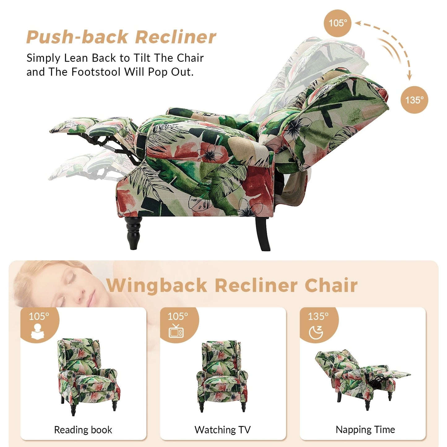 Fauteuil inclinable manuel classique rembourré Olympus avec pieds en bois massif, lot de 2 par HULALA HOME