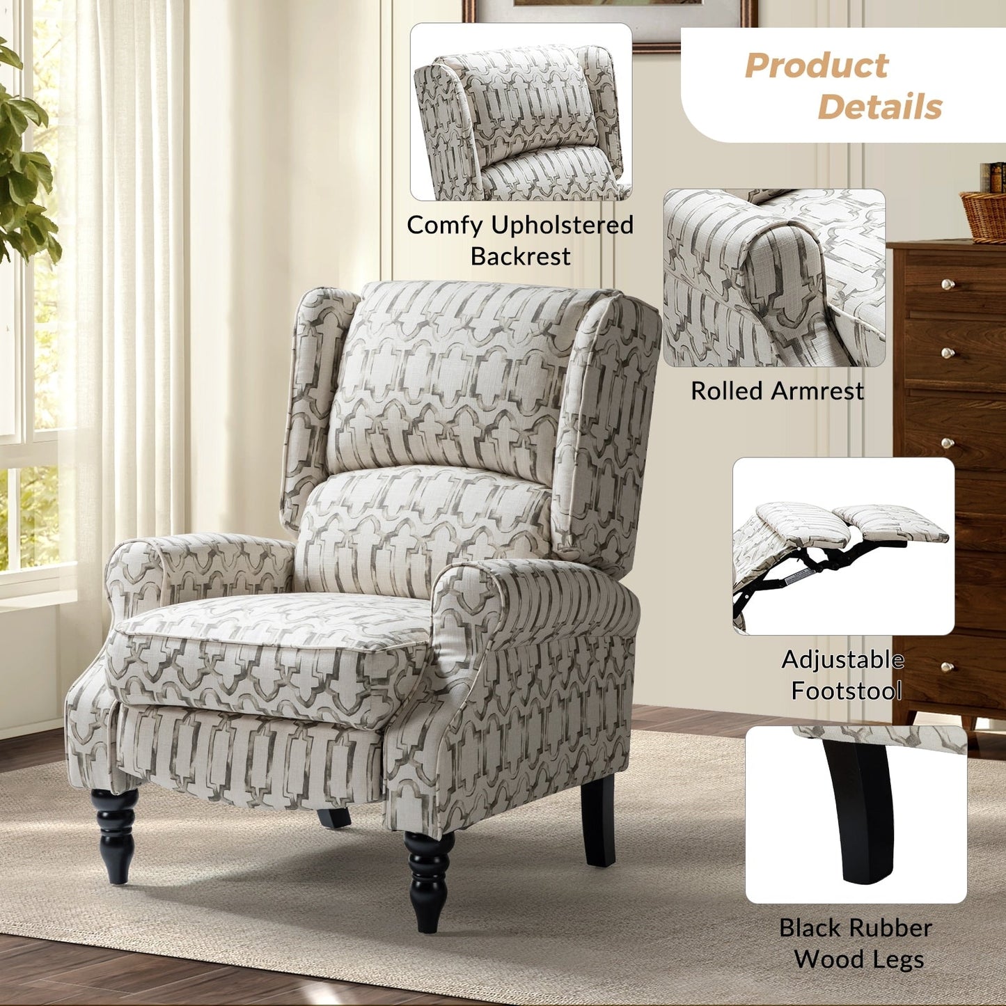 Fauteuil inclinable manuel classique rembourré Olympus avec pieds en bois massif, lot de 2 par HULALA HOME