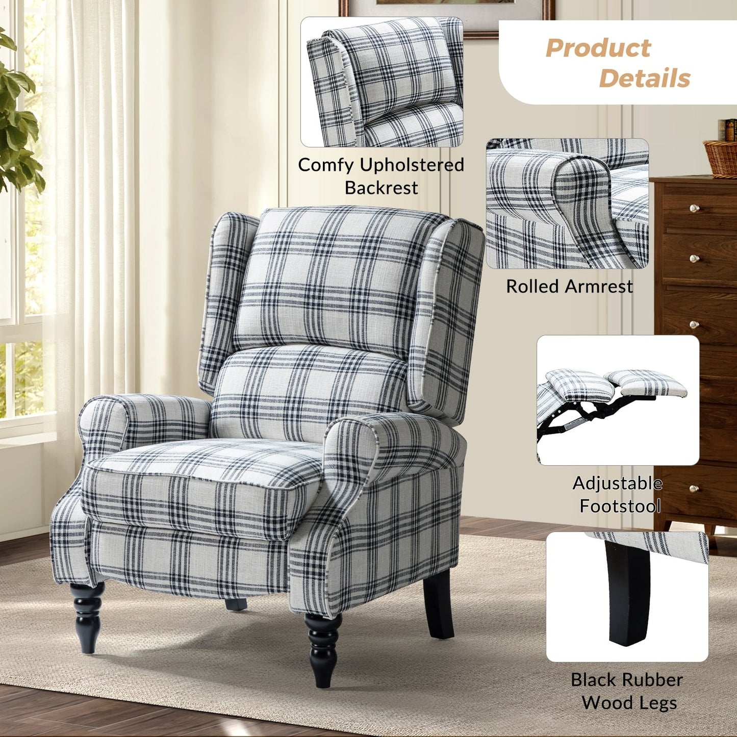 Fauteuil inclinable manuel classique rembourré Olympus avec pieds en bois massif, lot de 2 par HULALA HOME