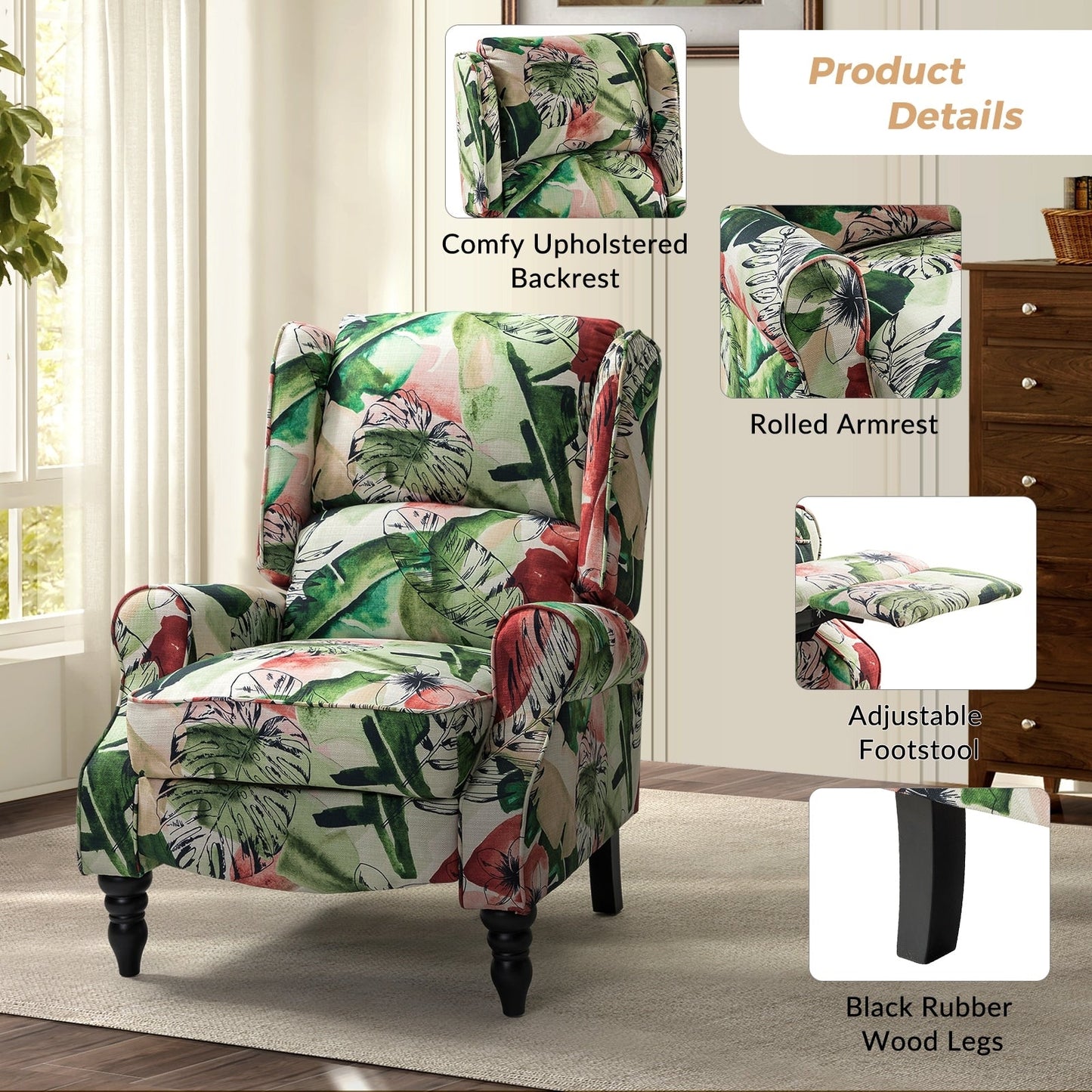 Fauteuil inclinable manuel classique rembourré Olympus avec pieds en bois massif, lot de 2 par HULALA HOME