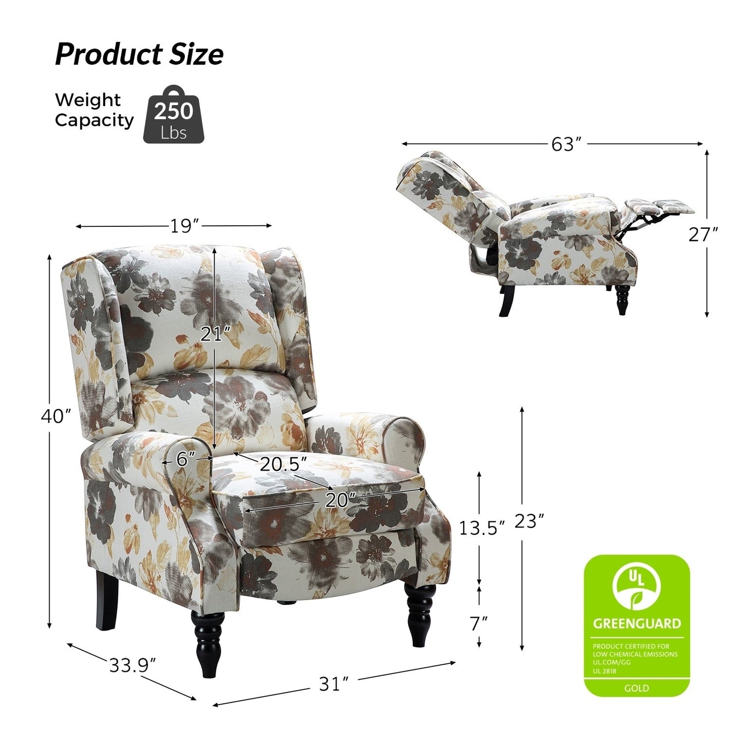Fauteuil inclinable manuel classique rembourré Olympus avec pieds en bois massif, lot de 2 par HULALA HOME